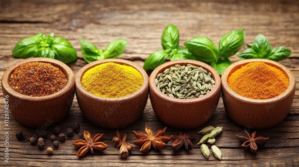 Four bowls of spices on wood. Four bowls of spices on wood.