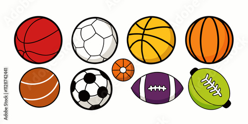 Collection of sports balls for various games on a white background