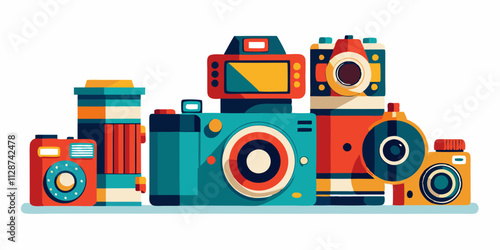 Retro cameras and photography equipment on a white background