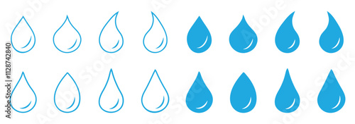 Waterdrop vector icon isolated set. Rain drip. Droplet sign. Water or oil drop symbol. Tear and oil icon set. Water splash. Raindrop. Drops. Fuel. Rain drip.  