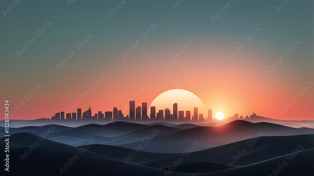 Obraz premium A sunset beautiful skyline merging organic landscapes with modern overlays background design.