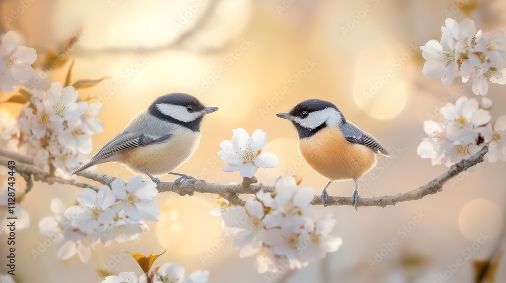 Fototapeta premium A dream-like image capturing two Chickadee and Nuthatch birds among blossoming cherry branches bathed in soft golden light
