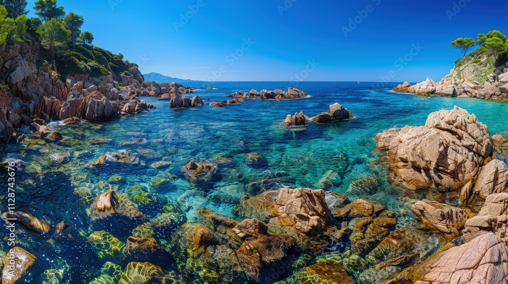 High-end photography of a serene coastal landscape with rocky shores and a clear blue sea High-end photography of a serene coastal landscape with rocky shores and a clear blue sea