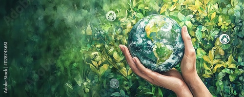 Hand holding the Earth with a green backdrop, featuring recycling icons, representing conscious consumption and the zero waste movement photo