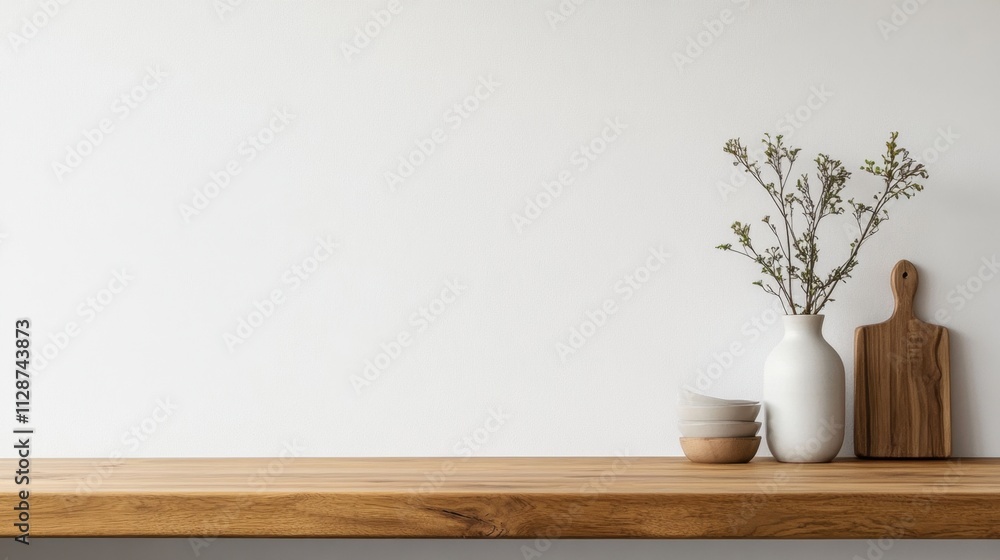 custom made wallpaper toronto digitalClean wooden countertop in a minimalistic kitchen, complemented by a small plant in a vase against a white wall.