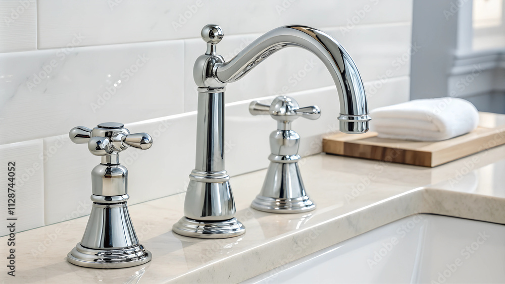 Clean shiny faucets, aesthetic image of new chrome faucets in bathroom or kitchen. Clean shiny faucets, aesthetic image of new chrome faucets in bathroom or kitchen.