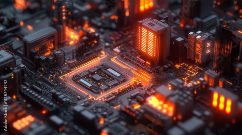 Futuristic Cityscape Rendered on a Circuit Board