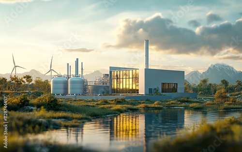 Sustainable hydrogen production plant using solar and wind energy, in a natural environment, promoting ecofriendly green energy solutions photo