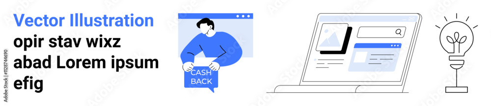 Man holding cash back sign, laptop screen with search results, lightbulb signifying an idea. Ideal for e-commerce, marketing, online shopping, customer loyalty, business ideas, SEO services, tech Man holding cash back sign, laptop screen with search results, lightbulb signifying an idea. Ideal for e-commerce, marketing, online shopping, customer loyalty, business ideas, SEO services, tech