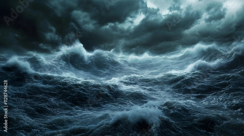 A raging ocean storm with colossal waves crashing against rocky cliffs under dark stormy skies.