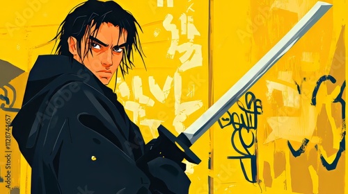 a man with a black jacket and a sword. modern anime character. yellow background