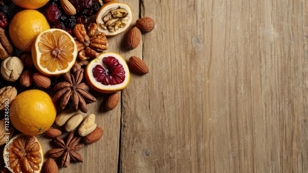 A vibrant spread of dried fruits and nuts on a rustic wooden table, offering a healthy and delicious snack option. A vibrant spread of dried fruits and nuts on a rustic wooden table, offering a healthy and delicious snack option.