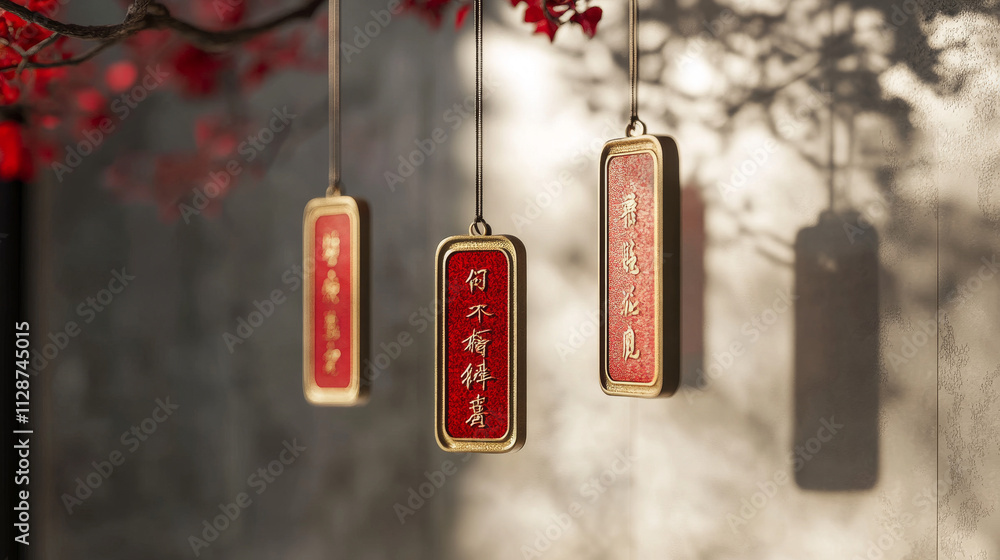 Decorative red hanging charms with intricate designs and shadows cast by nearby branches in a serene outdoor setting during late afternoon light Decorative red hanging charms with intricate designs and shadows cast by nearby branches in a serene outdoor setting during late afternoon light