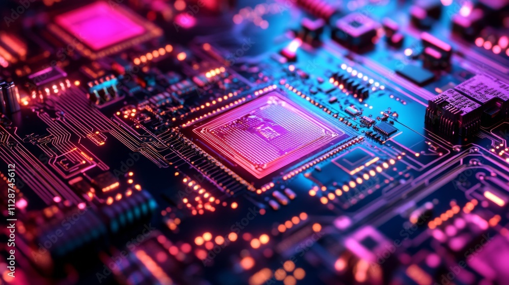 Close-up of a circuit board with a prominent central chip illuminated in vibrant pink and blue light. Close-up of a circuit board with a prominent central chip illuminated in vibrant pink and blue light.