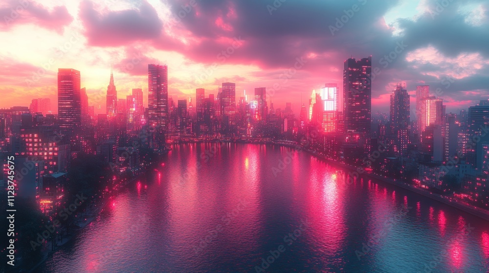 Fototapeta premium Pink sunset over futuristic city skyline reflected in water.