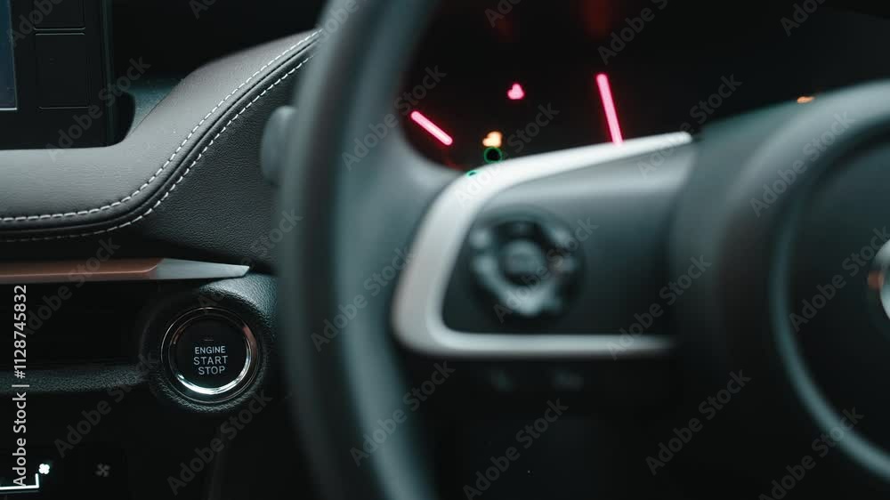 A woman starting the car with a button. Modern technology, comfort, and innovation in vehicles, providing ease of use and control. A woman starting the car with a button. Modern technology, comfort, and innovation in vehicles, providing ease of use and control.