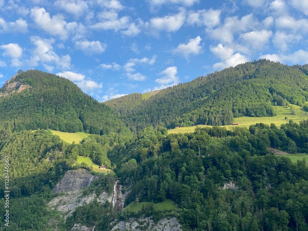 Fototapeta premium Alpine mountains above Lake Lungern or mixed forest above the natural reservoir Lungernsee - Canton of Obwald, Switzerland (Alpenberge und Mischwald oberhalb des Naturstausee Lungererses - Schweiz)