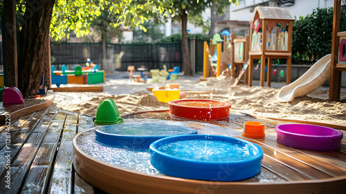 A sensory play area in a kindergarten with water tables sandboxes and tactile activities for children.
