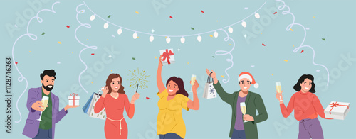 Different young women and men  holding glasses and gifts boxes with ribbon. Flat style cartoon vector illustration.
