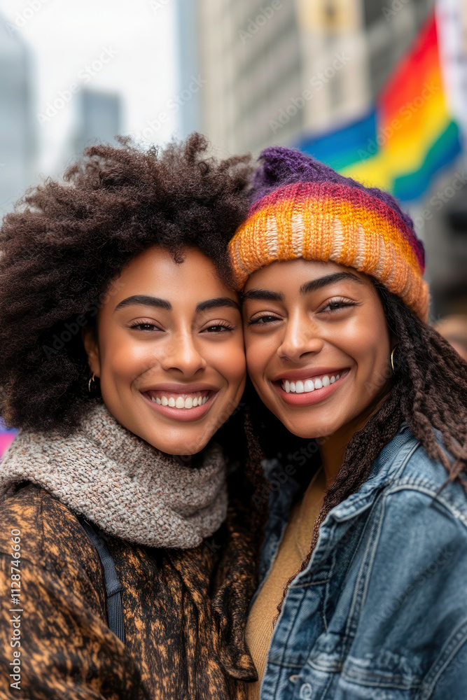 Two African American women smiling and posing together at a social gathering on the street. Empowerment, celebration and togetherness.. Two African American women smiling and posing together at a social gathering on the street. Empowerment, celebration and togetherness..