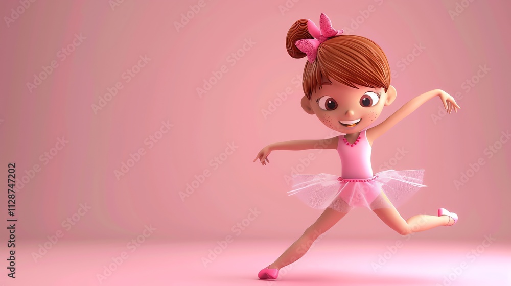 A 3D cartoon girl in a pink ballerina outfit smiles. A 3D cartoon girl in a pink ballerina outfit smiles.