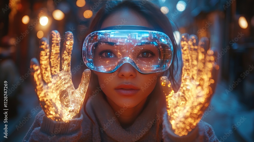 Woman wearing VR glasses and glowing gloves, futuristic city background. Woman wearing VR glasses and glowing gloves, futuristic city background.