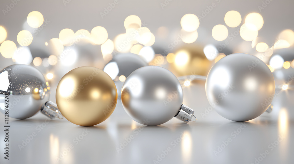 Close-up of elegant gold and silver Christmas ornaments on a reflective surface, with soft bokeh lights in the background. Festive and sophisticated. Close-up of elegant gold and silver Christmas ornaments on a reflective surface, with soft bokeh lights in the background. Festive and sophisticated.