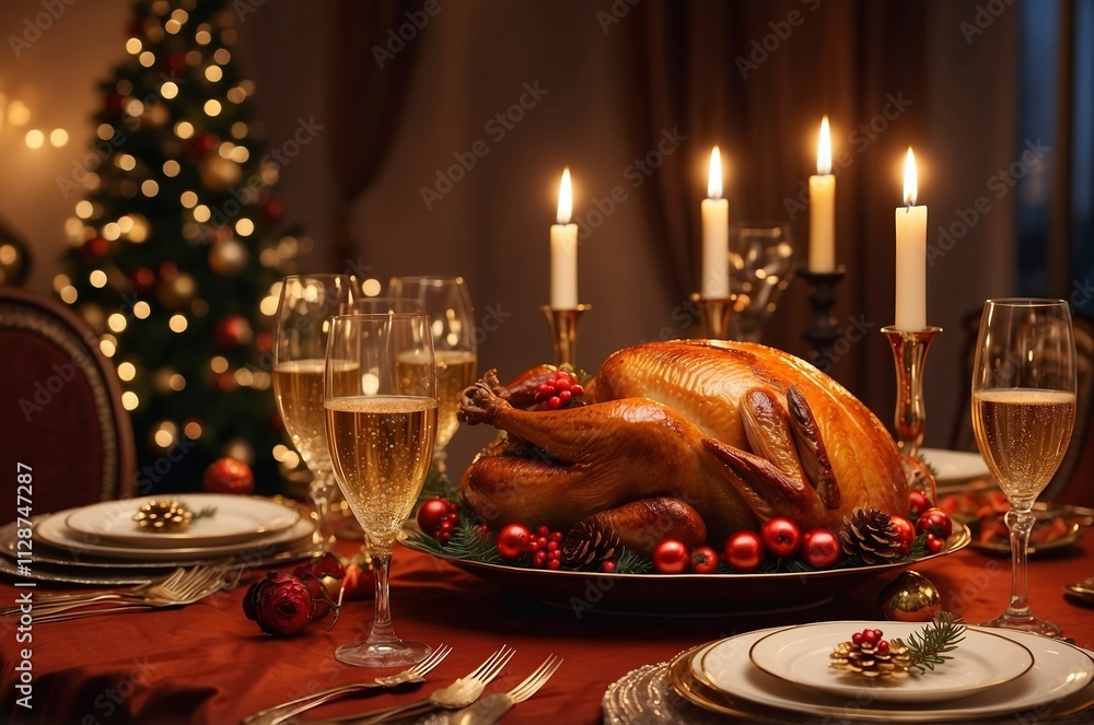Fototapeta premium christmas decoration with candles and christmas tree,an_elegant_christmas_dinner_table_setting