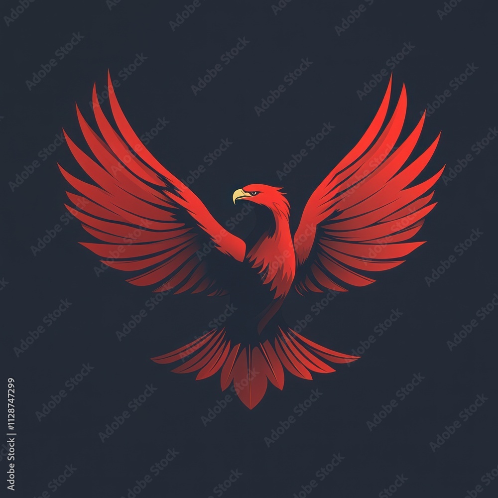 Red eagle with wings spread wide, soaring against a dark background. Red eagle with wings spread wide, soaring against a dark background.