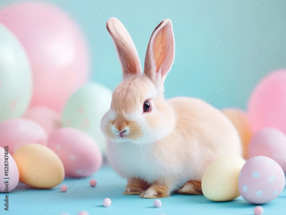 Happy Easter bunny with eggs on light blue background. Pastel colors. Spring horizontal banner template, greeting card. Top view, flat lay Happy Easter bunny with eggs on light blue background. Pastel colors. Spring horizontal banner template, greeting card. Top view, flat lay