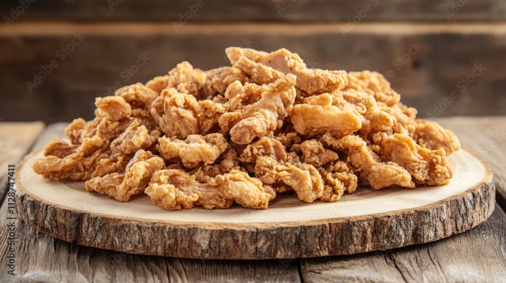 Crispy Fried Chicken Bites Piled on Wooden Board Ready to Serve Crispy Fried Chicken Bites Piled on Wooden Board Ready to Serve