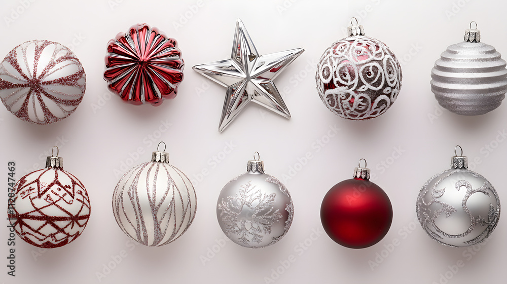 Red and silver Christmas ornaments arranged on a white background. Includes various designs and shapes, including a star. Perfect for festive holiday decorations. Red and silver Christmas ornaments arranged on a white background. Includes various designs and shapes, including a star. Perfect for festive holiday decorations.