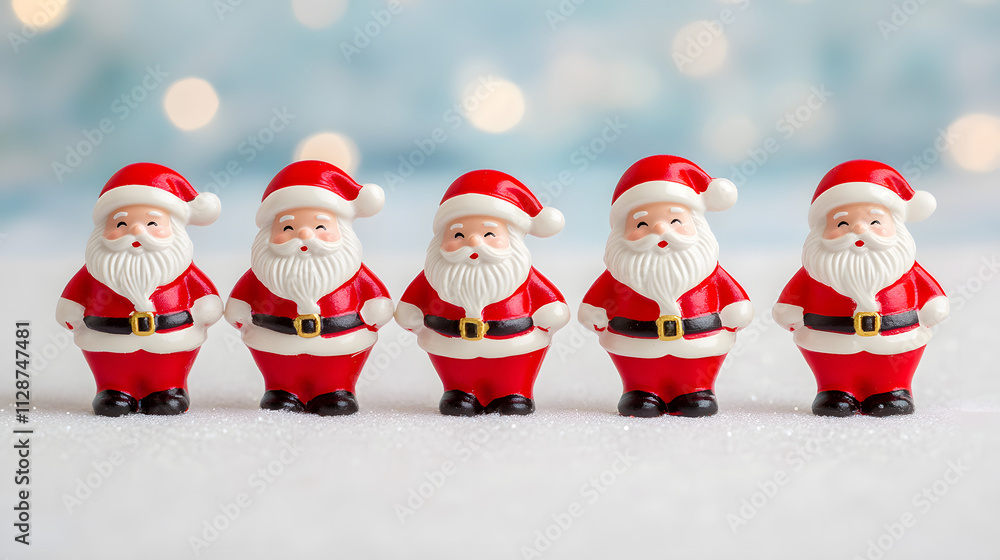 Five miniature Santa Claus figurines stand in a row on a snowy surface against a bokeh background. They are dressed in traditional red and white suits and have cheerful expressions. Five miniature Santa Claus figurines stand in a row on a snowy surface against a bokeh background. They are dressed in traditional red and white suits and have cheerful expressions.