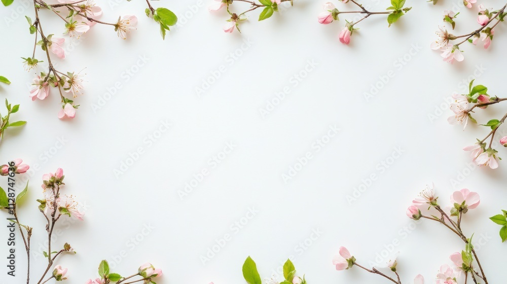 Fototapeta premium Delicate pink blossoms frame a white background