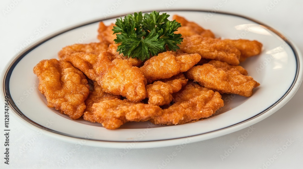 Crispy Fried Fish Sticks Served on Plate with Fresh Green Garnish Crispy Fried Fish Sticks Served on Plate with Fresh Green Garnish