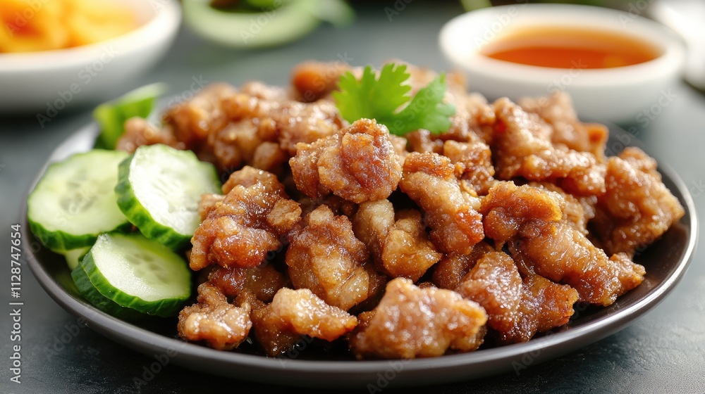 Crispy Chicken Pieces Served with Fresh Vegetables and Sauce Crispy Chicken Pieces Served with Fresh Vegetables and Sauce