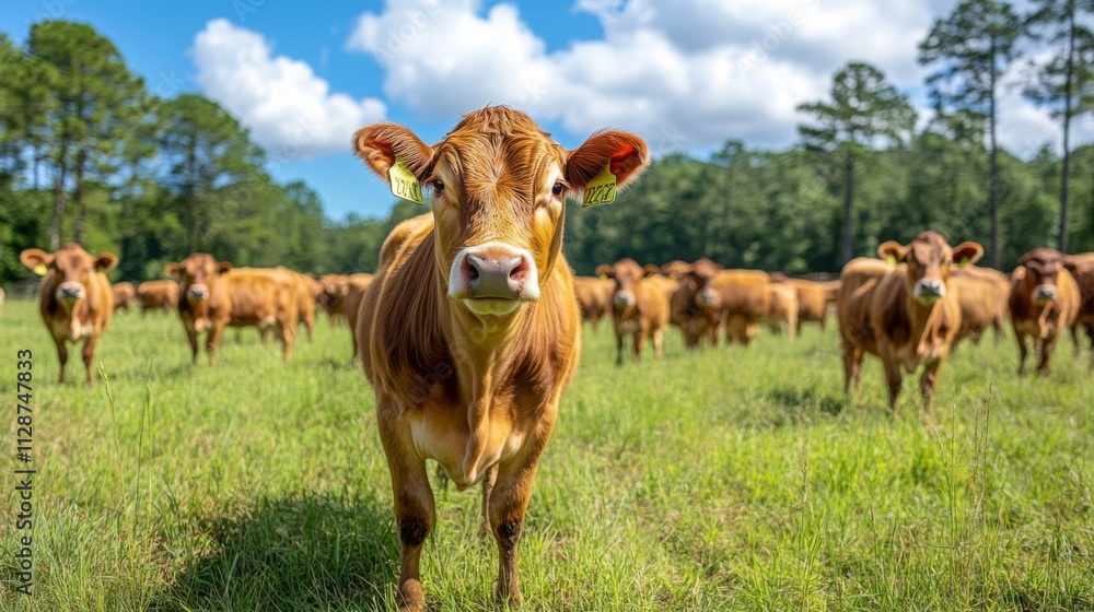 Brown Cow in a Field with a Herd in the Background Brown Cow in a Field with a Herd in the Background