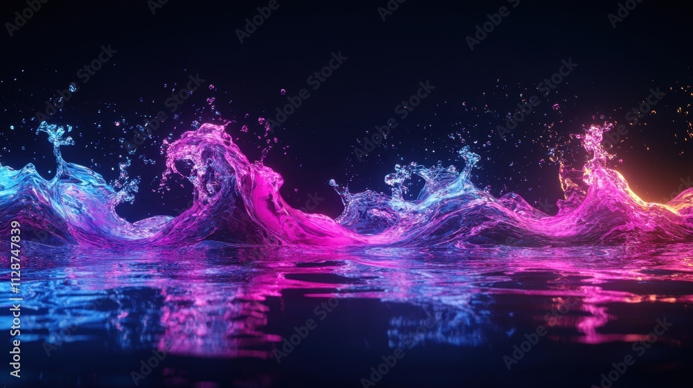 Neon Liquid Waves Abstract Art: Vibrant Pink and Blue Water Splashes with Glowing Reflection Neon Liquid Waves Abstract Art: Vibrant Pink and Blue Water Splashes with Glowing Reflection