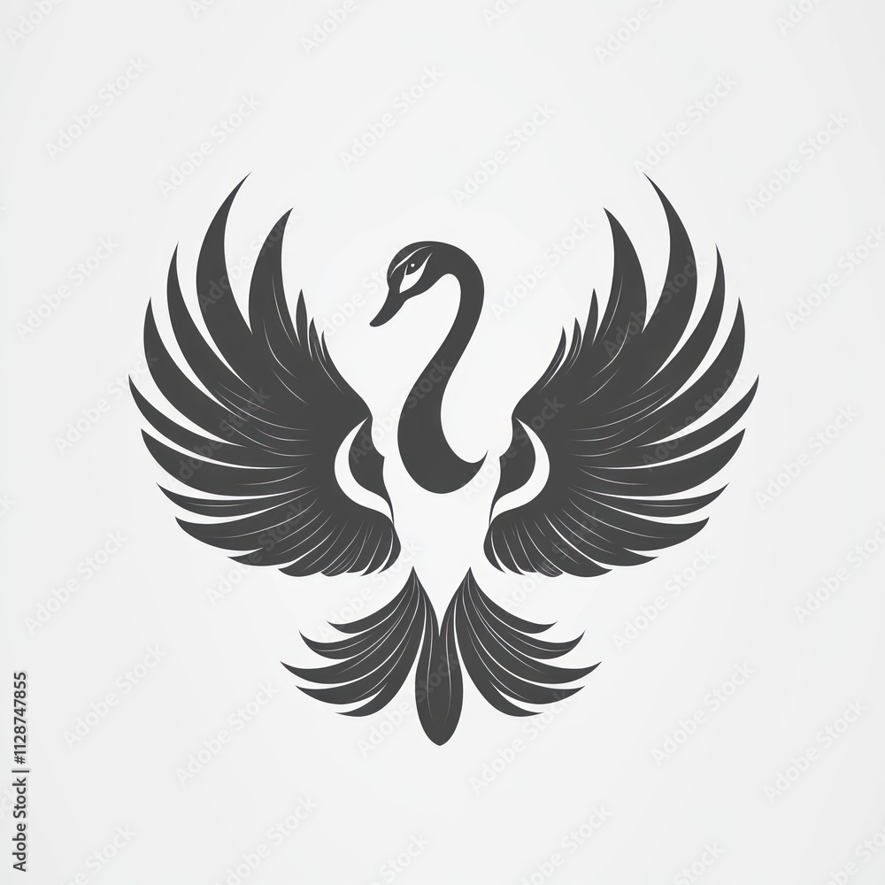 Fototapeta premium Elegant stylized swan with outstretched wings, grayscale vector illustration.