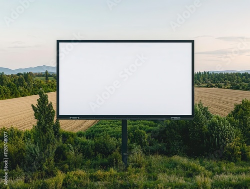 Empty billboard in a rural landscape surrounded by fields and trees under a clear sky.