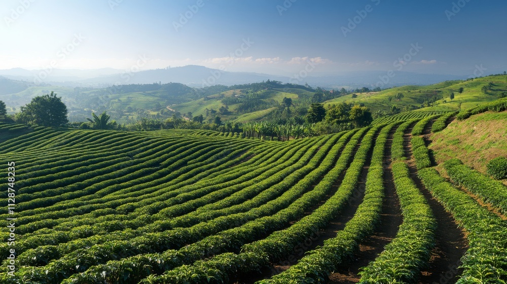 Lush Green Coffee Plantation on Sloping Hills with a Distant View Lush Green Coffee Plantation on Sloping Hills with a Distant View