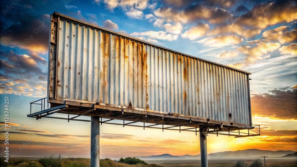 Obraz premium A weathered billboard stands tall against a backdrop of vibrant twilight skies, its blank canvas inviting the viewer to envision the messages that could be displayed.