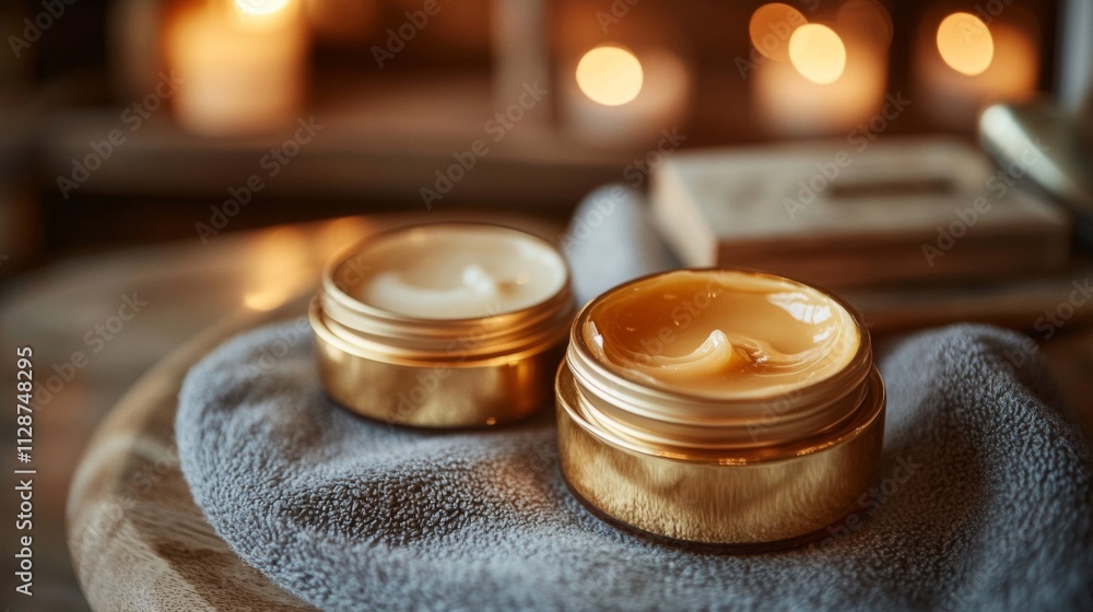 Two Gold-Rimmed Jars of Cream on a Gray Towel Two Gold-Rimmed Jars of Cream on a Gray Towel