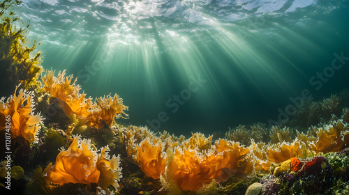 A serene underwater view of marine life disrupted by the surface chaos of a storm with shafts of light piercing turbulent waters. photo