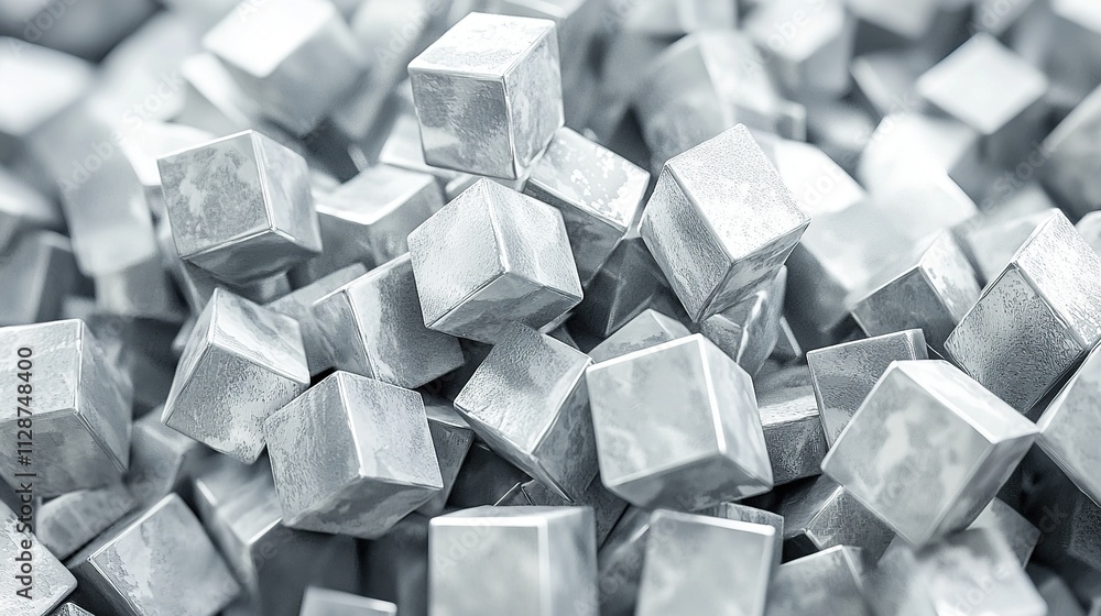 Metallic cubes piled closely together showcasing reflections and textures Metallic cubes piled closely together showcasing reflections and textures