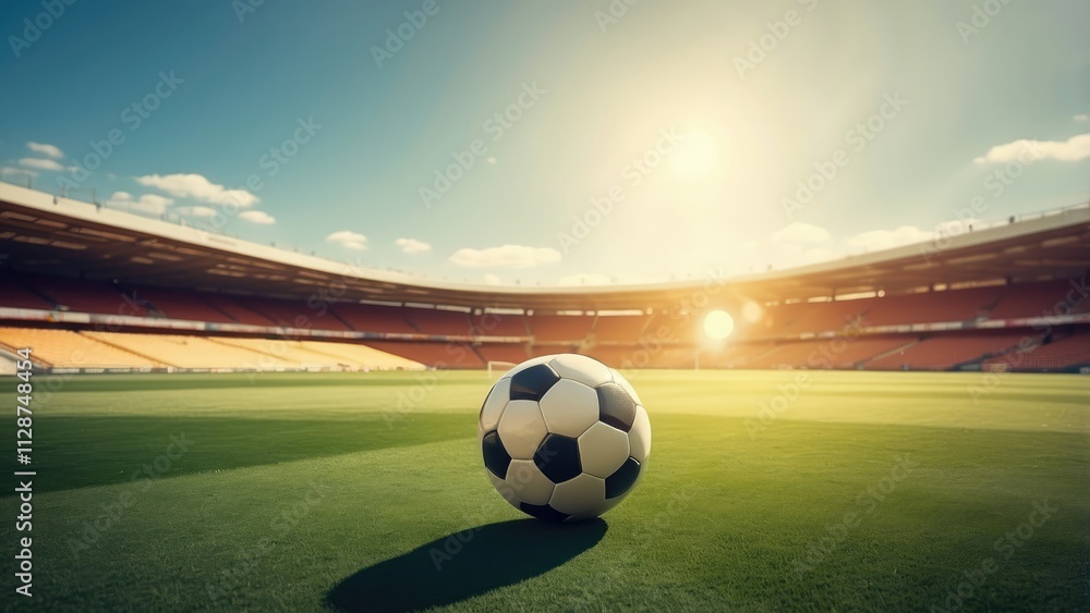 Naklejka premium A panoramic view of a soccer field bathed in sunlight,
