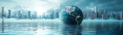 Global warming and pollution concept, Earth in crisis, melting ice caps, smogfilled cities, environmental destruction, sustainability solutions photo