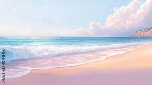 Serene Coastal Scene With Pastel Sky and Ocean Waves