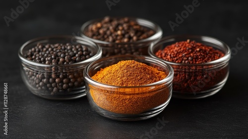 Fototapeta Naklejka Na Ścianę i Meble -  Four spice bowls turmeric, peppercorns, mustard seeds, red spice.