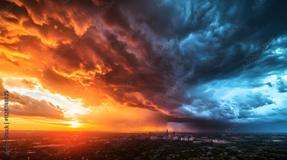 A skyline split between a brilliant sunrise on one side and a fierce thunderstorm on the other. A skyline split between a brilliant sunrise on one side and a fierce thunderstorm on the other.